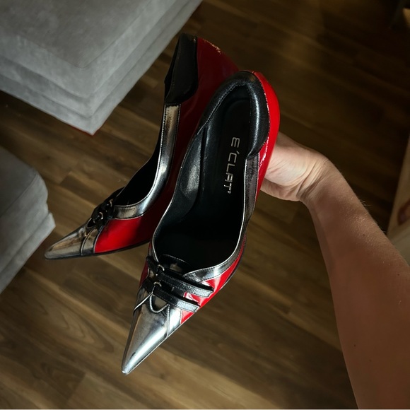 E’Clat Chic Red and Silver Heels - Picture 2 of 5